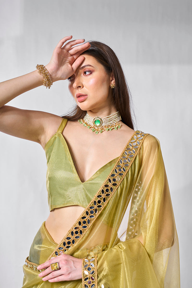 Monjolika Fashion Olive Green Gold Tissue Net Fancy Party Wear Saree