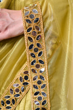 Thumbnail for Monjolika Fashion Olive Green Gold Tissue Net Fancy Party Wear Saree