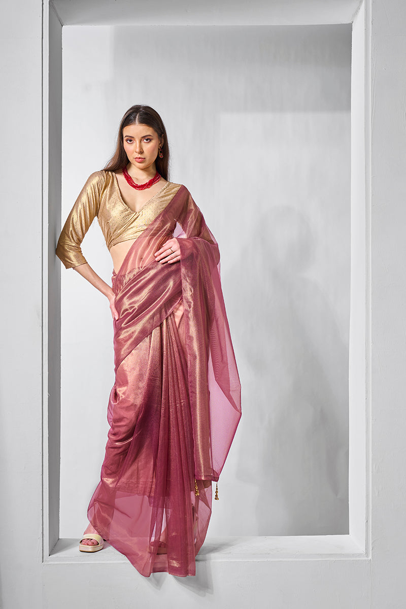 Monjolika Fashion Onion Pink Gold Tissue Net Fancy Party Wear Saree