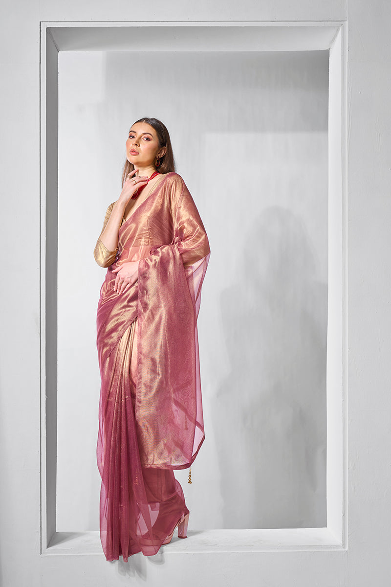 Monjolika Fashion Onion Pink Gold Tissue Net Fancy Party Wear Saree