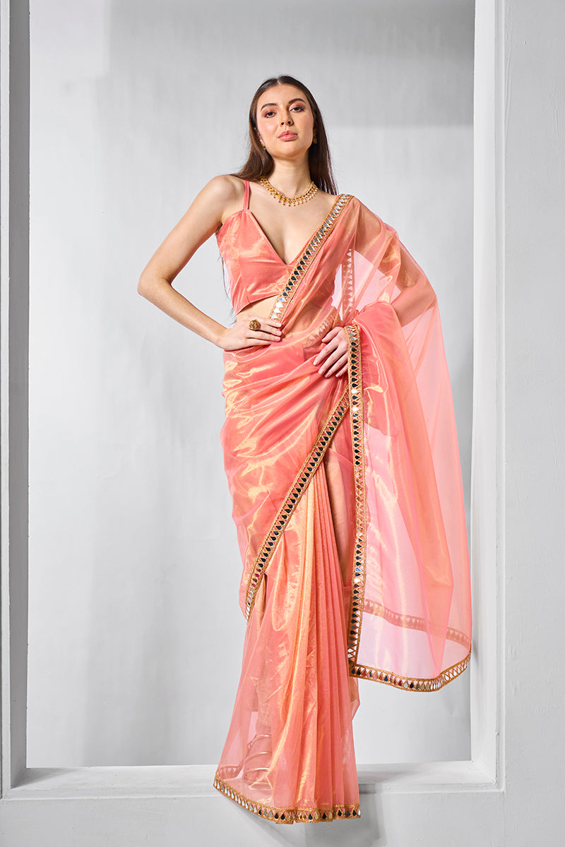 Monjolika Fashion Peach Gold Tissue Net Fancy Party Wear Saree