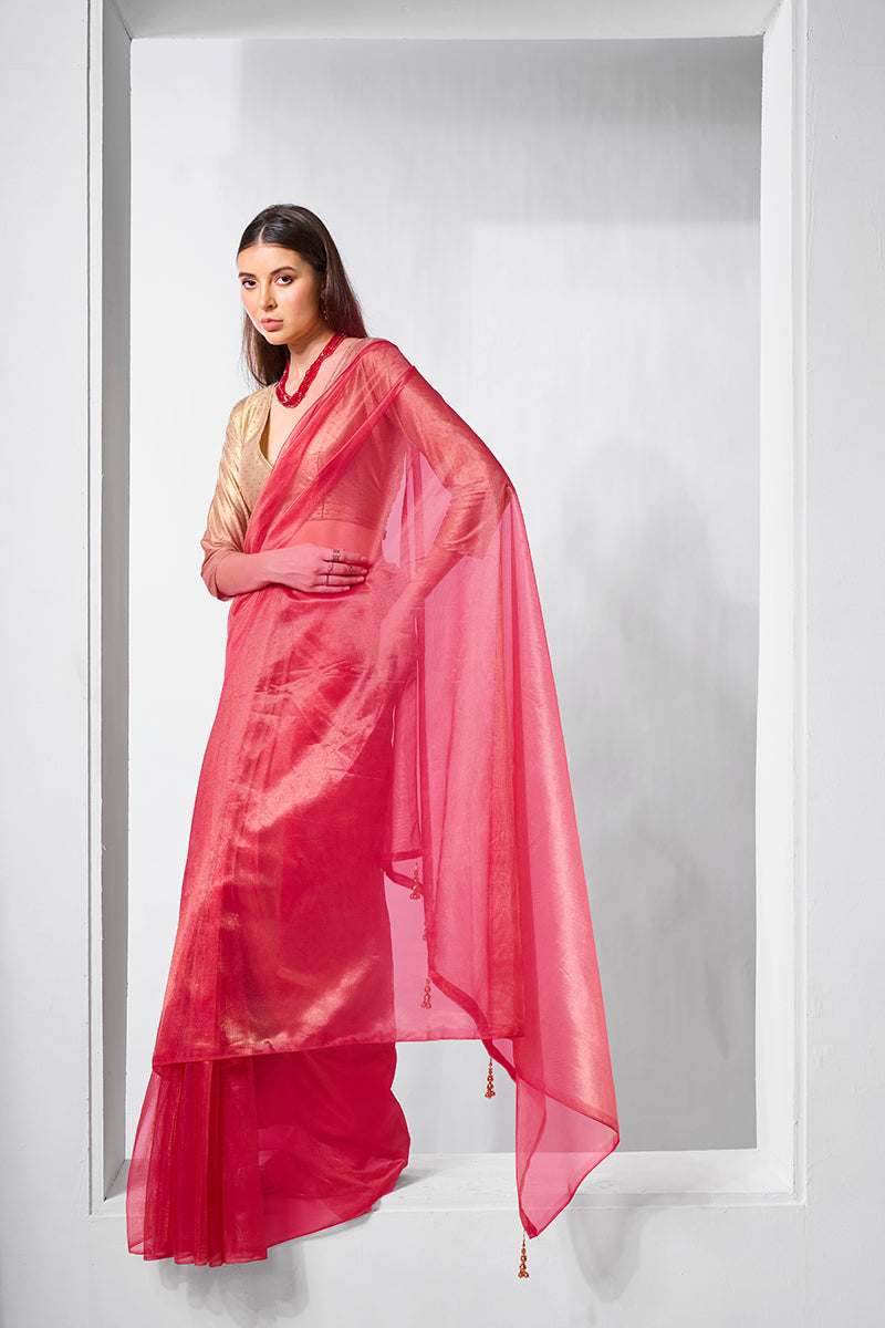 Monjolika Fashion Red Gold Tissue Net Fancy Party Wear Saree