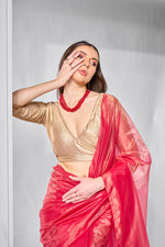 Thumbnail for Monjolika Fashion Red Gold Tissue Net Fancy Party Wear Saree