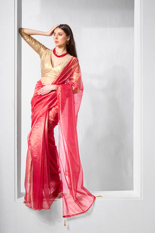 Monjolika Fashion Red Gold Tissue Net Fancy Party Wear Saree