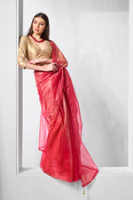 Thumbnail for Monjolika Fashion Red Gold Tissue Net Fancy Party Wear Saree