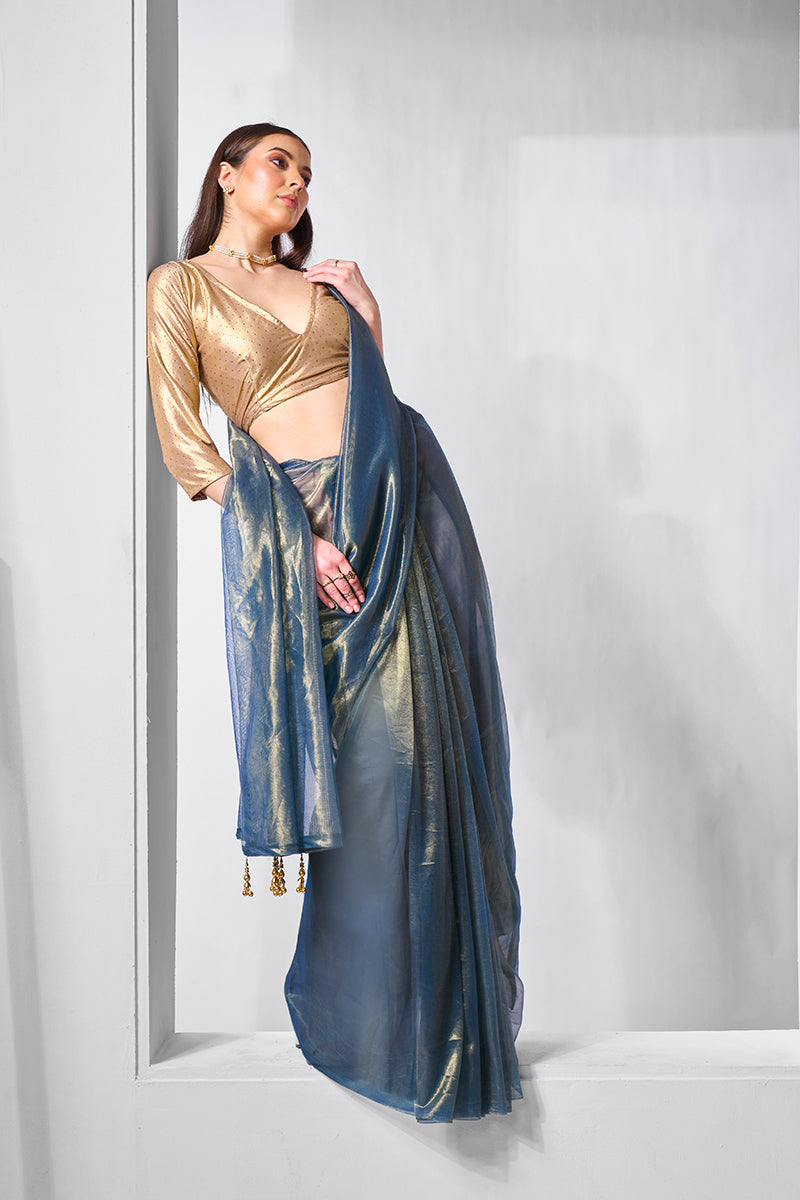 Monjolika Fashion Blue Gold Tissue Net Fancy Party Wear Saree