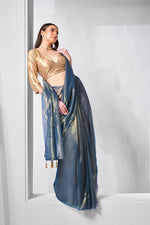 Thumbnail for Monjolika Fashion Blue Gold Tissue Net Fancy Party Wear Saree