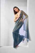 Thumbnail for Monjolika Fashion Blue Gold Tissue Net Fancy Party Wear Saree