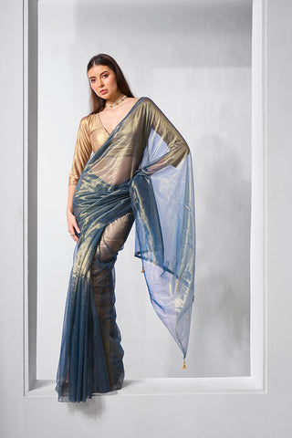 Monjolika Fashion Blue Gold Tissue Net Fancy Party Wear Saree