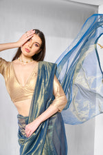 Thumbnail for Monjolika Fashion Blue Gold Tissue Net Fancy Party Wear Saree