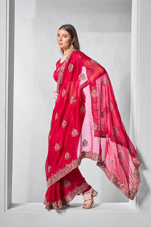 Monjolika Fashion Chiffon Rani Embroidered Classic Saree