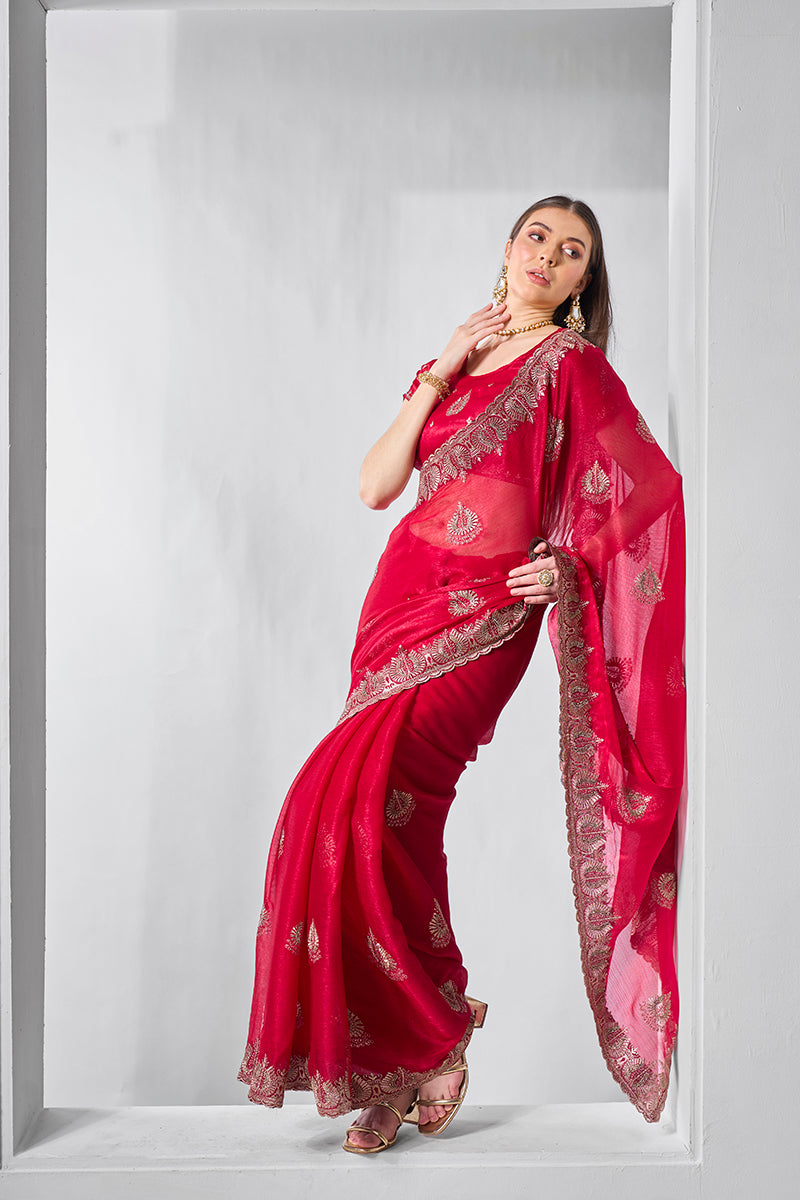 Monjolika Fashion Chiffon Rani Embroidered Classic Saree