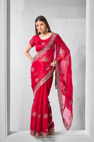 Monjolika Fashion Chiffon Rani Embroidered Classic Saree