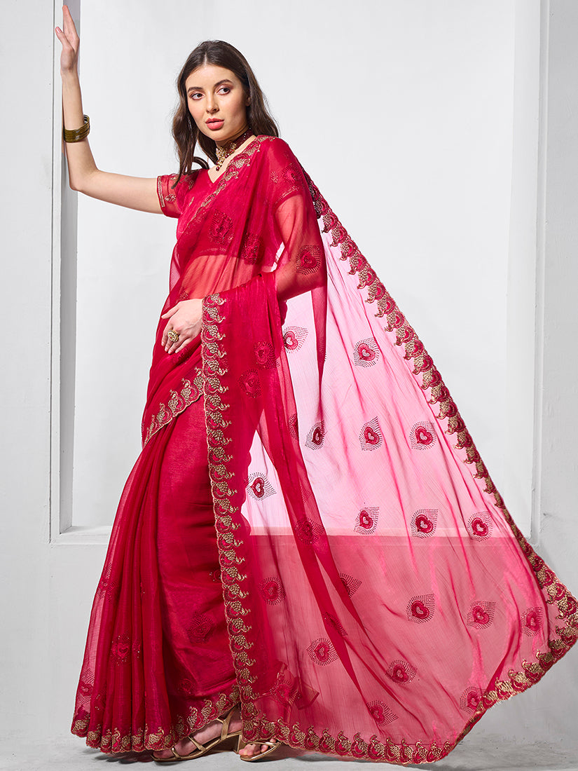 Monjolika Fashion Shimmer Chiffon Rani Embroidered Classic Saree - Distacart