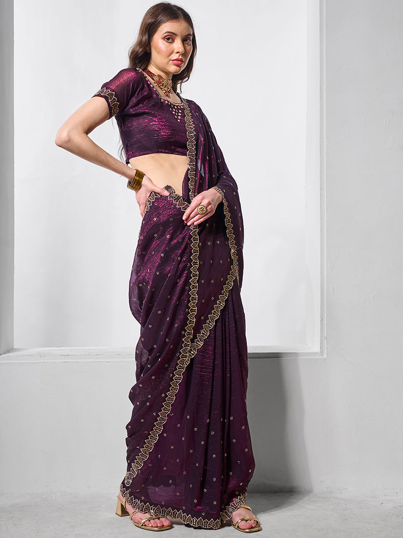 Monjolika Fashion Chiffon Wine Embroidered Contemporary Saree - Distacart