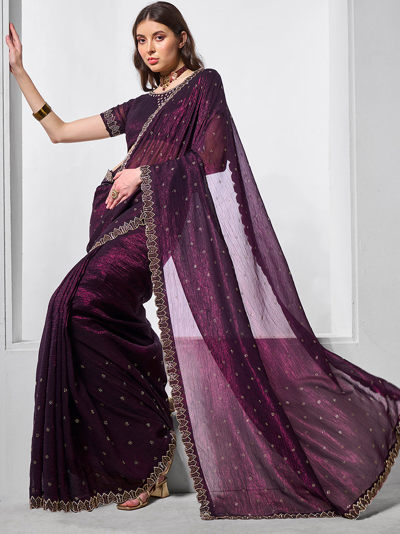 Monjolika Fashion Chiffon Wine Embroidered Contemporary Saree