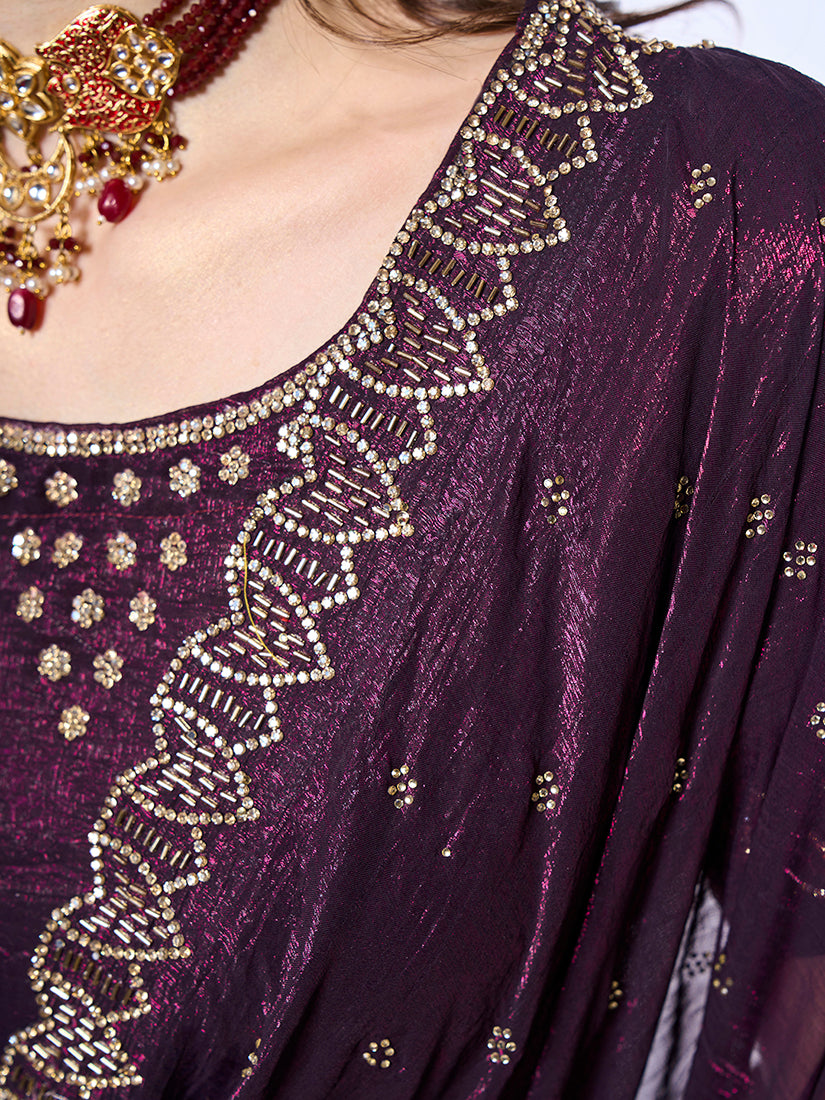 Monjolika Fashion Chiffon Wine Embroidered Contemporary Saree