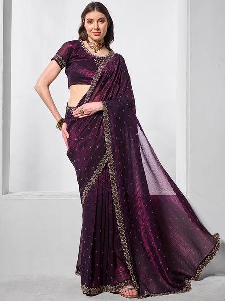 Monjolika Fashion Chiffon Wine Embroidered Contemporary Saree