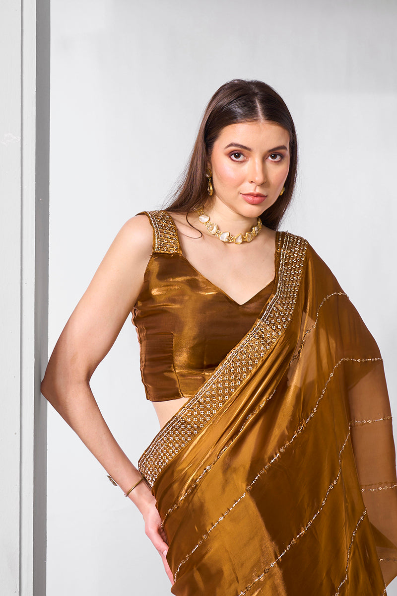 Monjolika Fashion Brown Jimmy Chu Embroidered Classic Saree