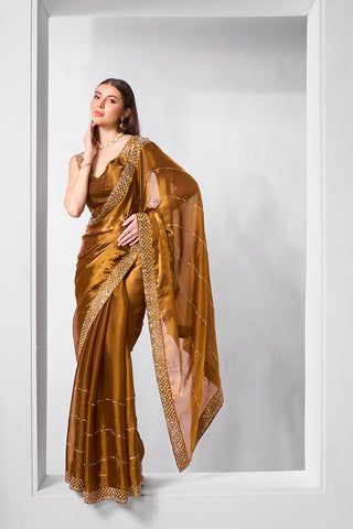 Monjolika Fashion Brown Jimmy Chu Embroidered Classic Saree