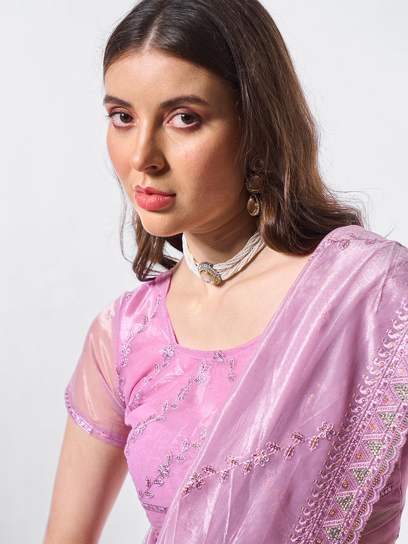 Monjolika Fashion Light Purple Chiffon Embroidered Trendy Saree