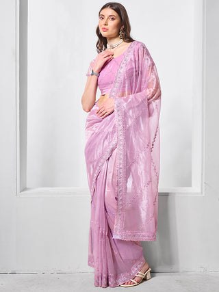 Monjolika Fashion Light Purple Chiffon Embroidered Trendy Saree