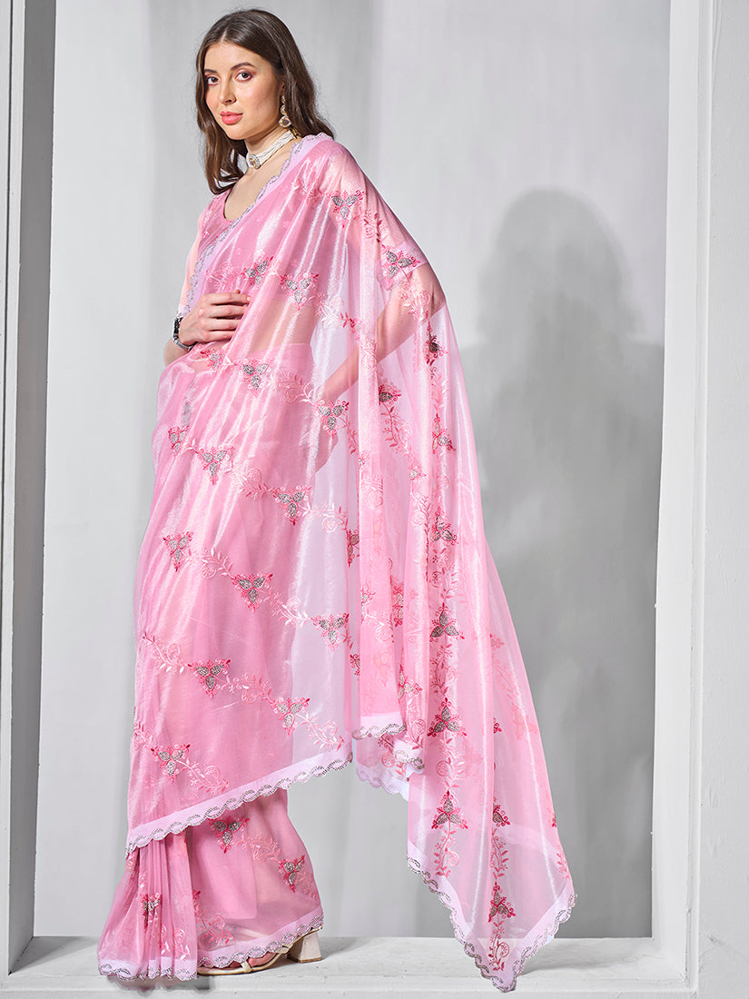 Monjolika Fashion Gold Tissue Net Embroidered Pink Contemporary Saree - Distacart