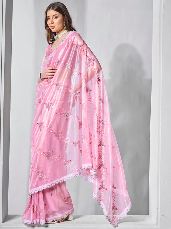 Monjolika Fashion Gold Tissue Net Embroidered Pink Contemporary Saree