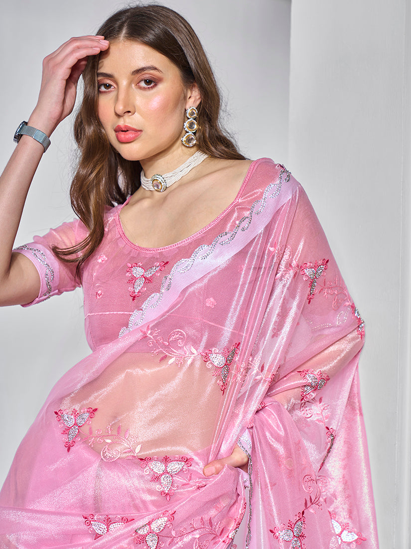 Monjolika Fashion Gold Tissue Net Embroidered Pink Contemporary Saree
