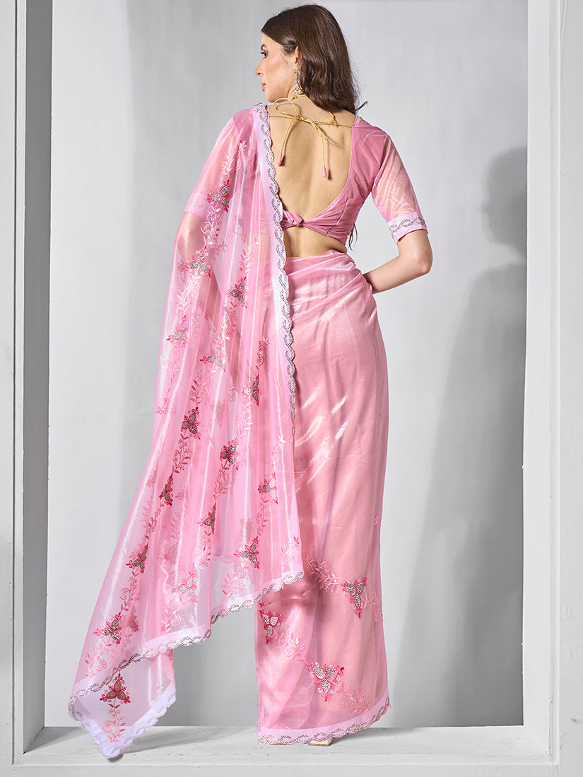 Monjolika Fashion Gold Tissue Net Embroidered Pink Contemporary Saree