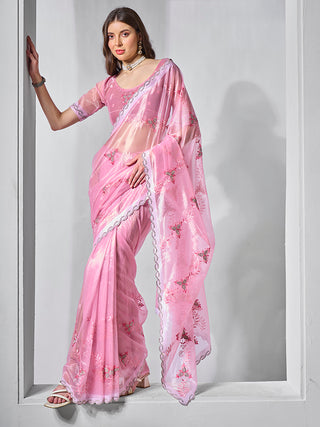 Monjolika Fashion Gold Tissue Net Embroidered Pink Contemporary Saree