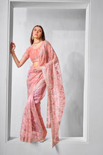 Thumbnail for Monjolika Fashion Gold Tissue Net Peach Embroidered Classic Saree