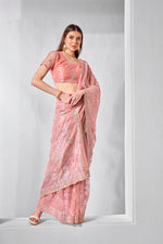 Thumbnail for Monjolika Fashion Gold Tissue Net Peach Embroidered Classic Saree