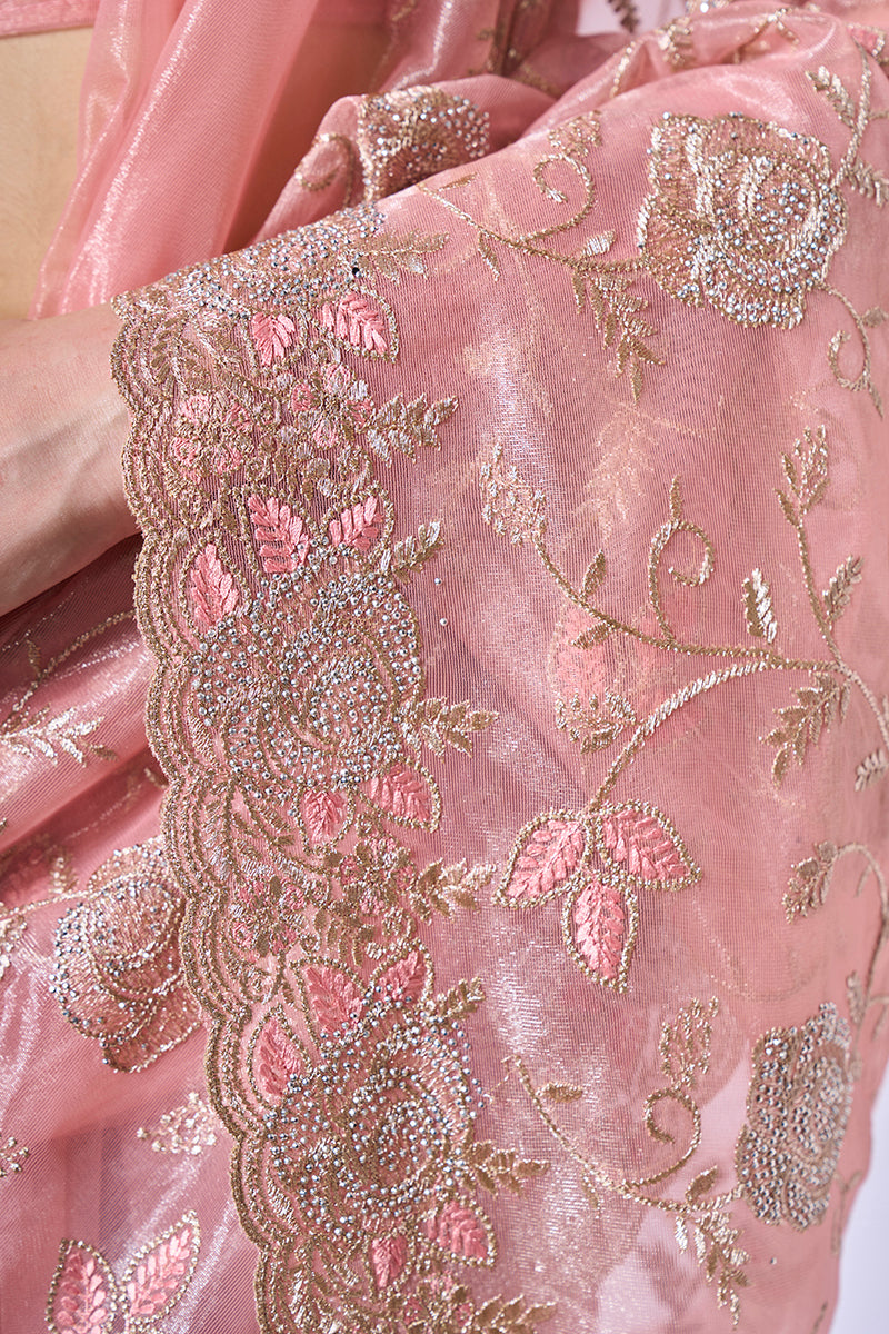 Monjolika Fashion Gold Tissue Net Peach Embroidered Classic Saree