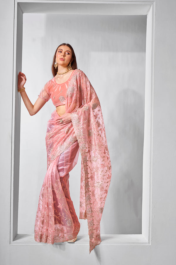 Monjolika Fashion Gold Tissue Net Peach Embroidered Classic Saree
