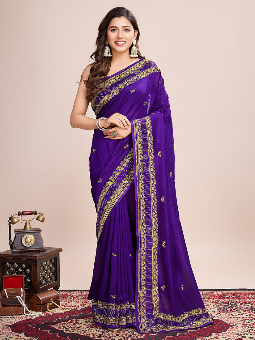 Monjolika Fashion Violet Vichitra Silk Classic Saree with Embroidered Work