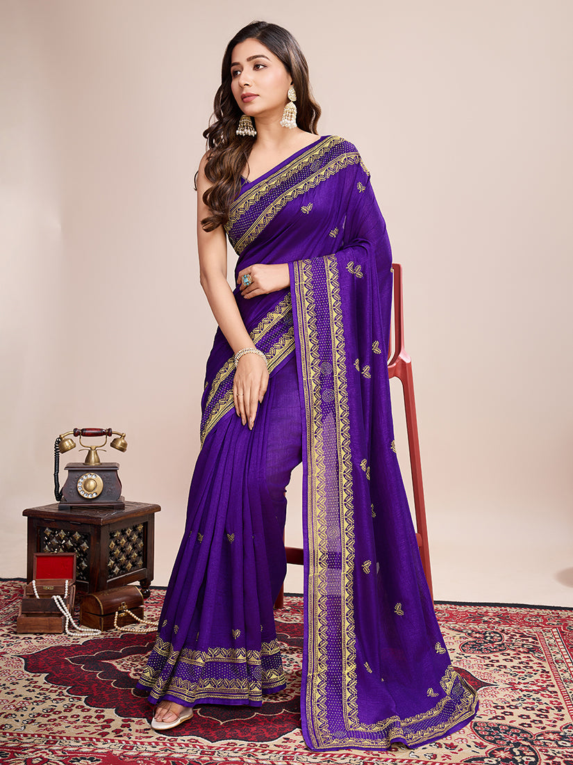 Monjolika Fashion Violet Vichitra Silk Classic Saree with Embroidered Work