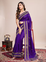 Thumbnail for Monjolika Fashion Violet Vichitra Silk Classic Saree with Embroidered Work