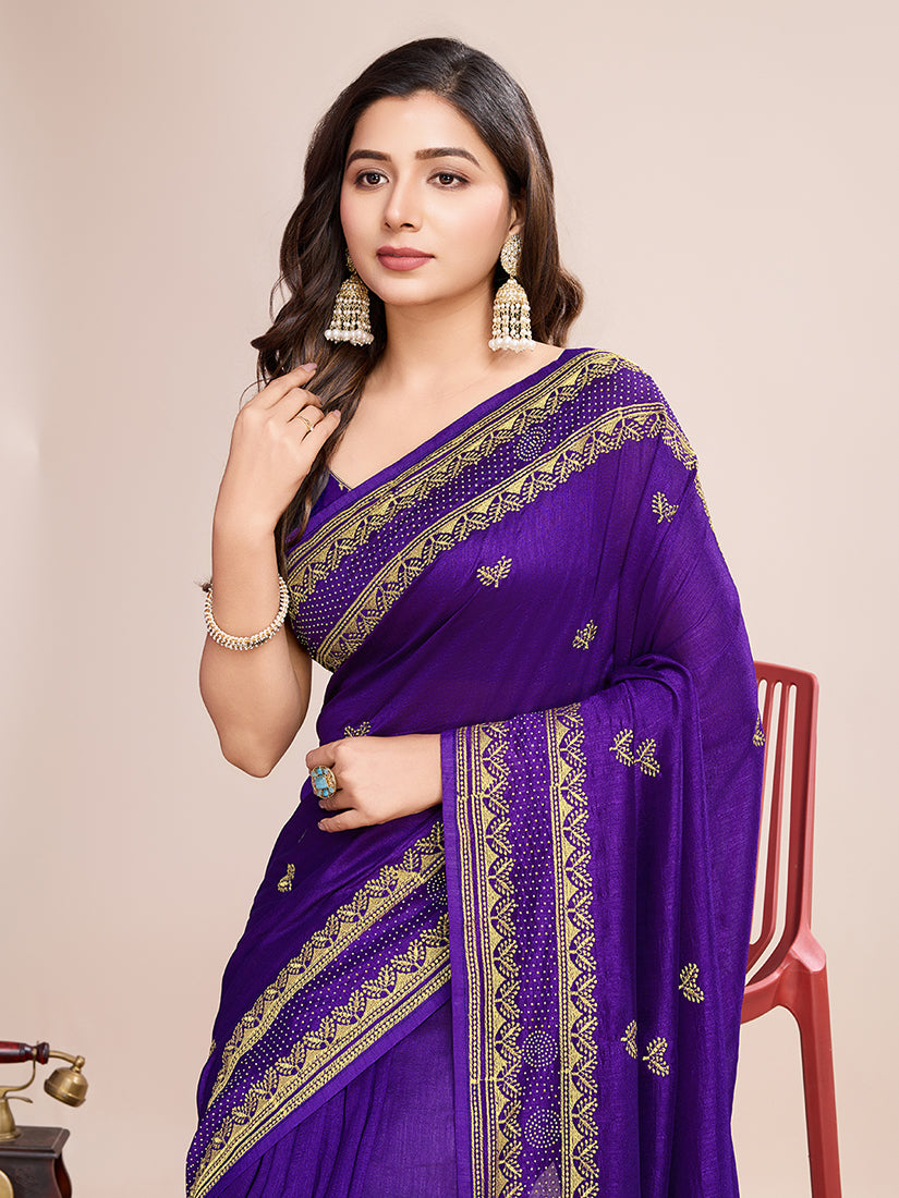 Monjolika Fashion Violet Vichitra Silk Classic Saree with Embroidered Work