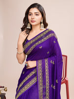 Thumbnail for Monjolika Fashion Violet Vichitra Silk Classic Saree with Embroidered Work