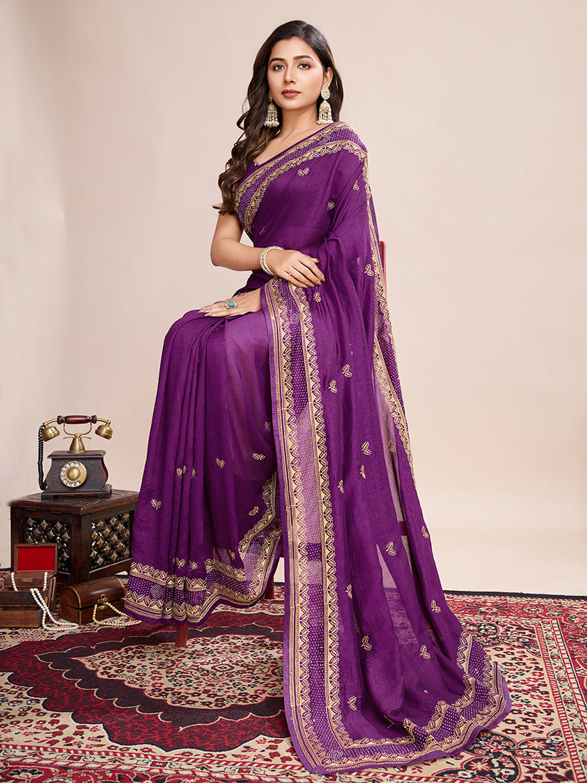 Monjolika Fashion Purple Vichitra Silk Classic Saree with Embroidered Work
