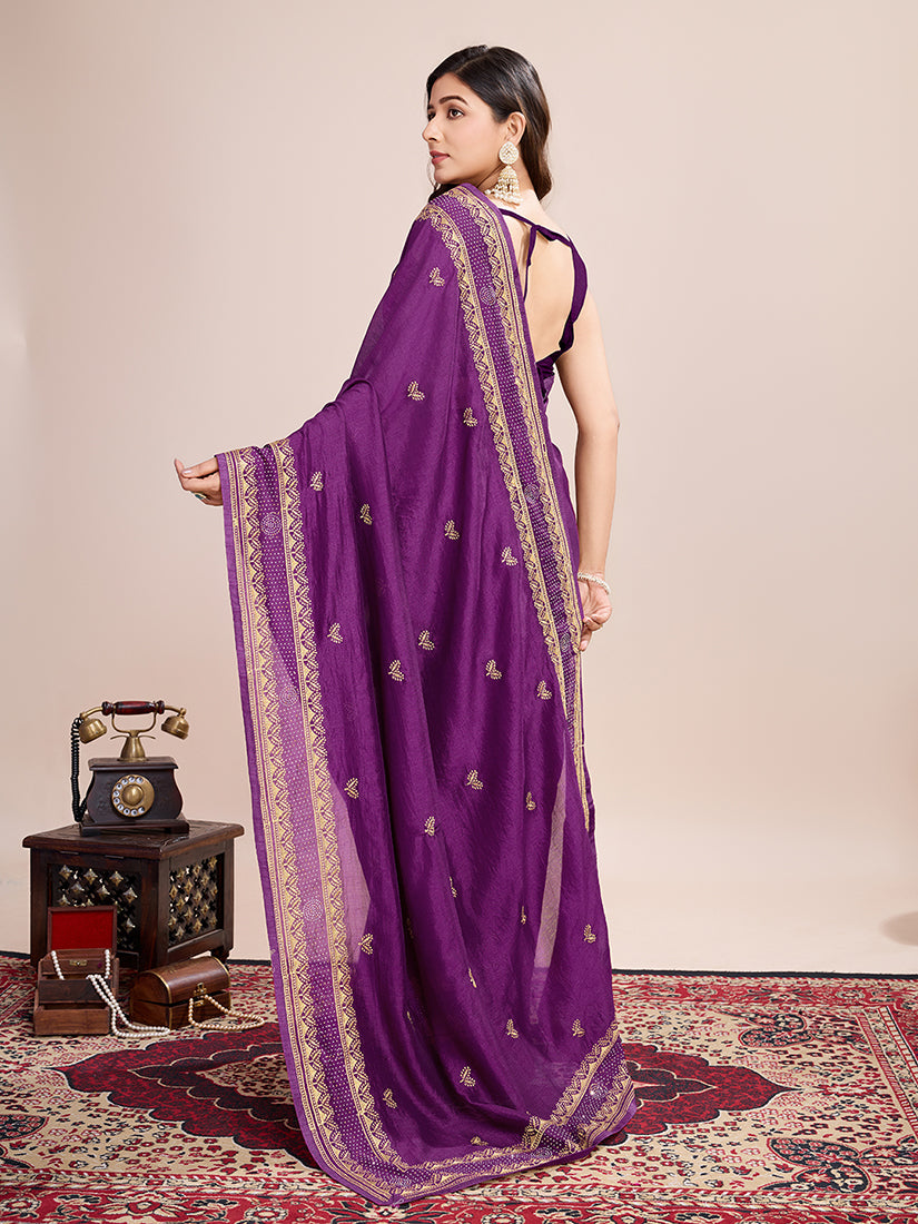 Monjolika Fashion Purple Vichitra Silk Classic Saree with Embroidered Work