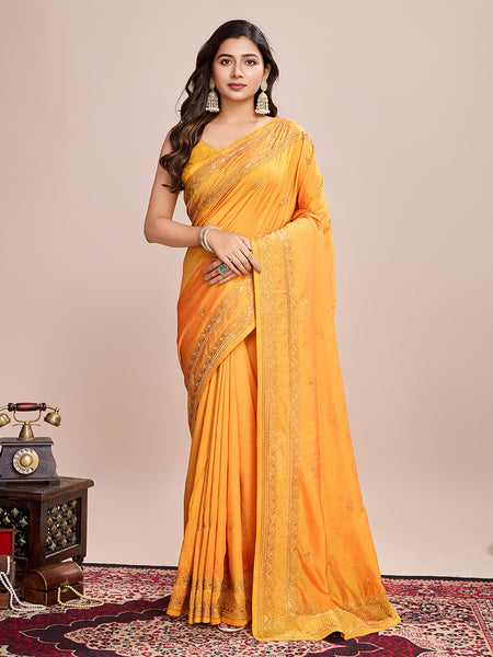 Monjolika Fashion Mustard Vichitra Silk Classic Saree with Embroidered Work