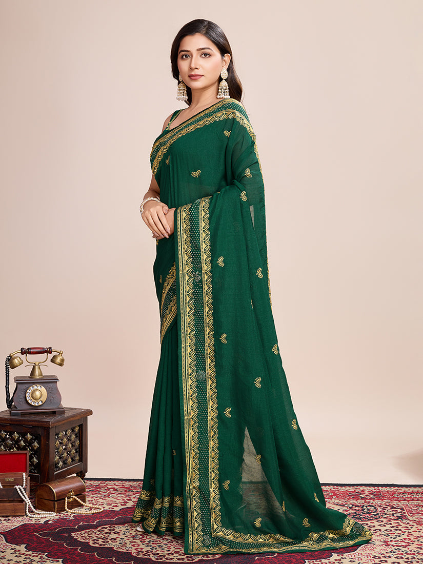 Monjolika Fashion Green Vichitra Silk Classic Saree with Embroidered Work - Distacart