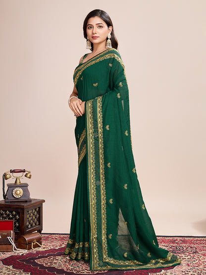 Monjolika Fashion Green Vichitra Silk Classic Saree with Embroidered Work - Distacart