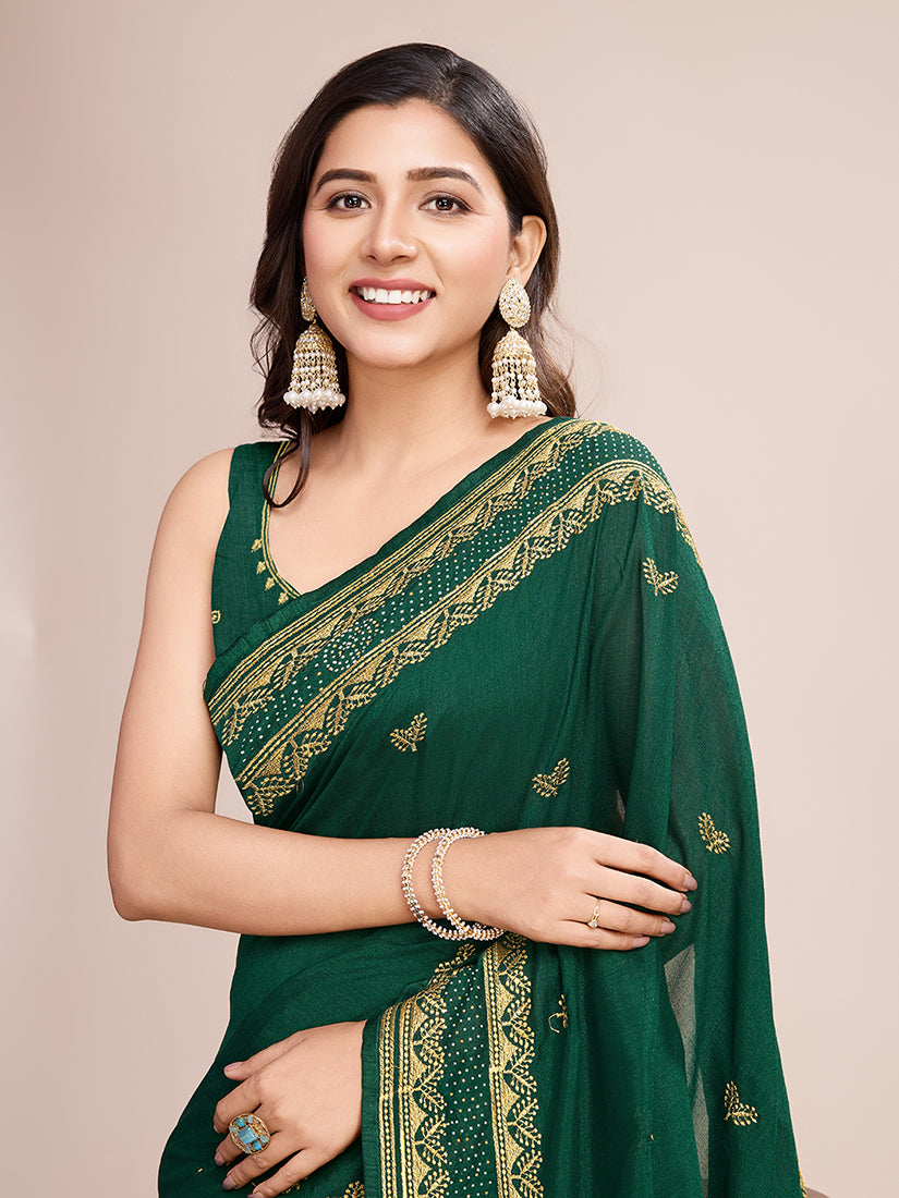 Monjolika Fashion Green Vichitra Silk Classic Saree with Embroidered Work