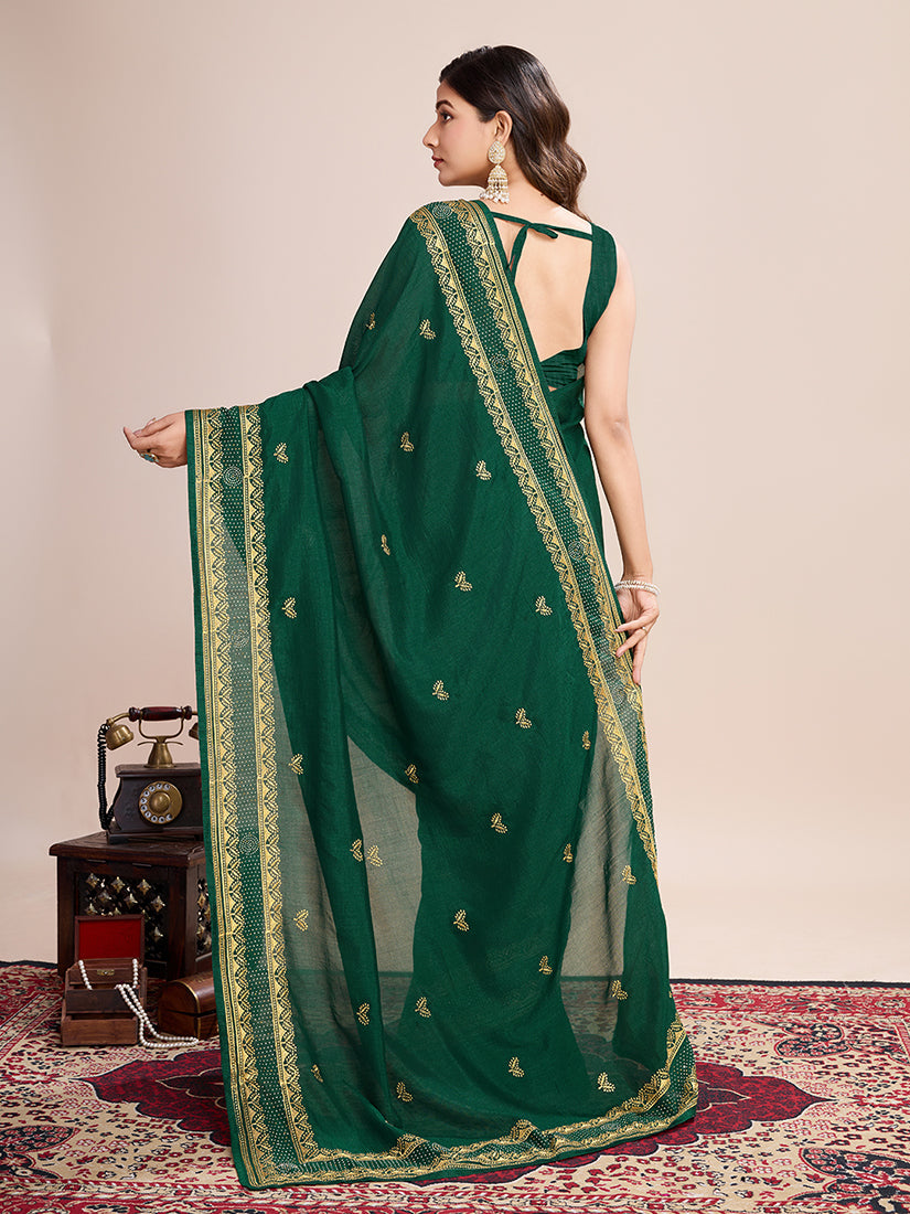 Monjolika Fashion Green Vichitra Silk Classic Saree with Embroidered Work - Distacart