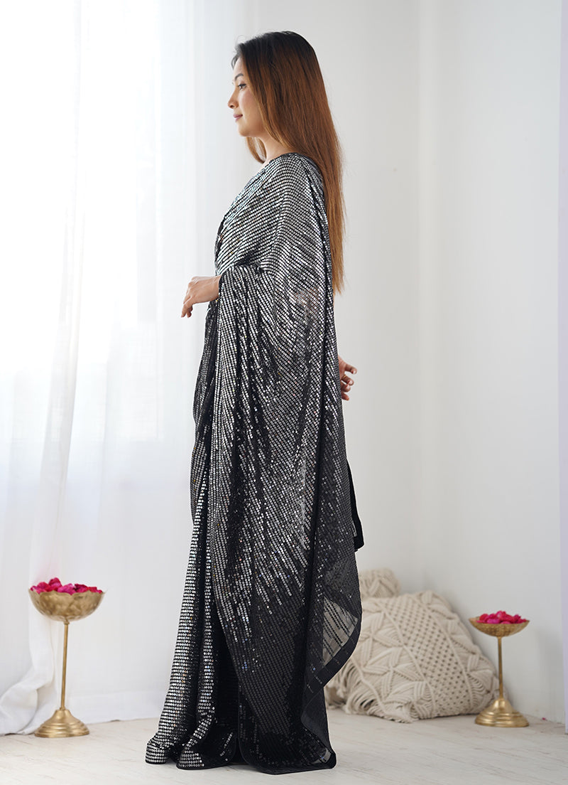 Monjolika Fashion Sequins Georgette Black Reception Party Wear Saree