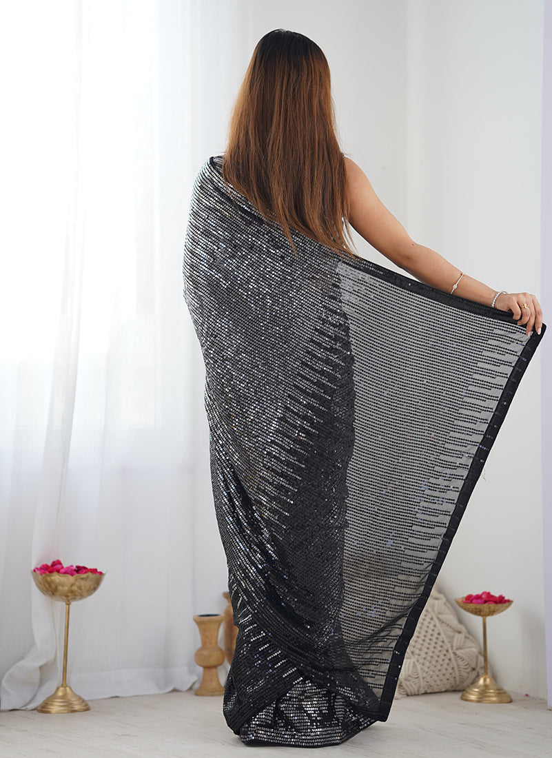 Monjolika Fashion Sequins Georgette Black Reception Party Wear Saree