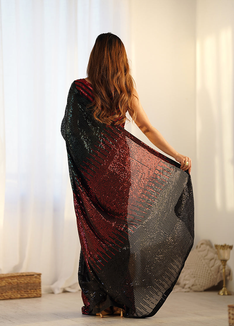 Monjolika Fashion Sequins Georgette Black Reception Party Wear Saree